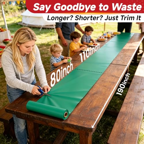 Image of Disposable Tablecloth, Tear Off 110 Ft X 54 In Table Cloth Rectangle Table Tear Off 12 Pcs 54 inchx110 inch, Premium Green Plastic Tablecloth PEVA Table Cover Roll for Picnic, Garden Party, Outdoor Gathering
