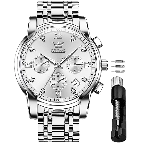 OLEVS Men’s Watch Quality Analog Quartz Stainless Steel Waterproof Chronograph Luminous Business Casual Silver Band Black Dial Luxury Dress Big Face Wrist Watches