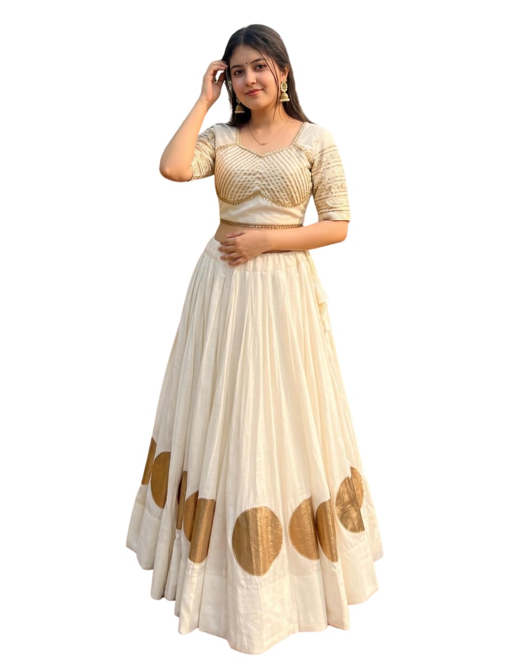 Women’s Pure Roman Cotton Fabric Lehenga Set Gota Drawstring with Zip Fully Stitched Lehenga with Canvas Inner Dhupian Lace & Samosa Lace Work Up to 42” Blouse Set-image-3