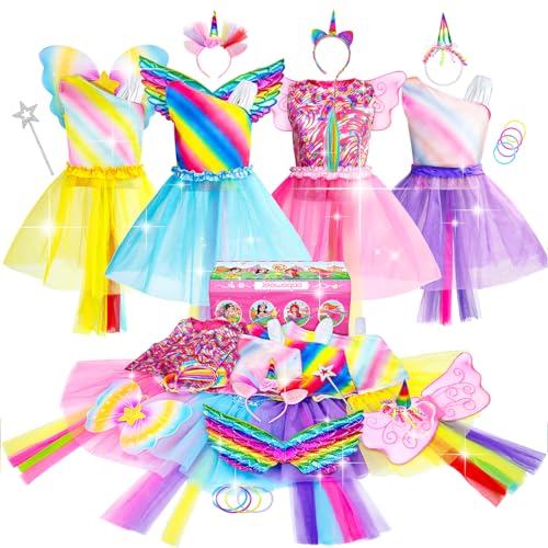 Jeowoqao Girls Princess Dress up Trunk Set 19 Pcs, Rainbow Unicorn Costume Set, Toddler Girls Dress up Clothes Pretend Play Costumes Set for Little Girl Ages 3-6