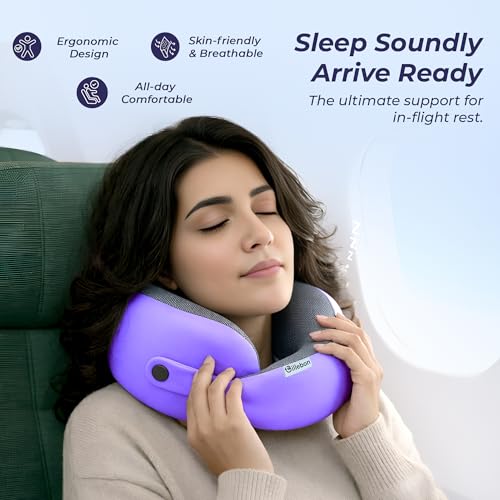 Image of Billebon Memory Foam Neck Pillow, Snake Shape Travel Pillow with Snap Button, Neck Pillow for Travelling & Flight Travel, Ergonomic Support for Comfort & Pain Relief(Lavender Single)