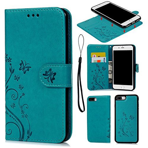 SUPWALL Compatible with iPhone 8 Plus Case, Wallet Case Embossed Butterfly PU Leather Flip Cover Detachable Magnetic Wallet with Card Slots Wrist Strap Skin for iPhone 7 Plus & iPhone 7 Plus Blue