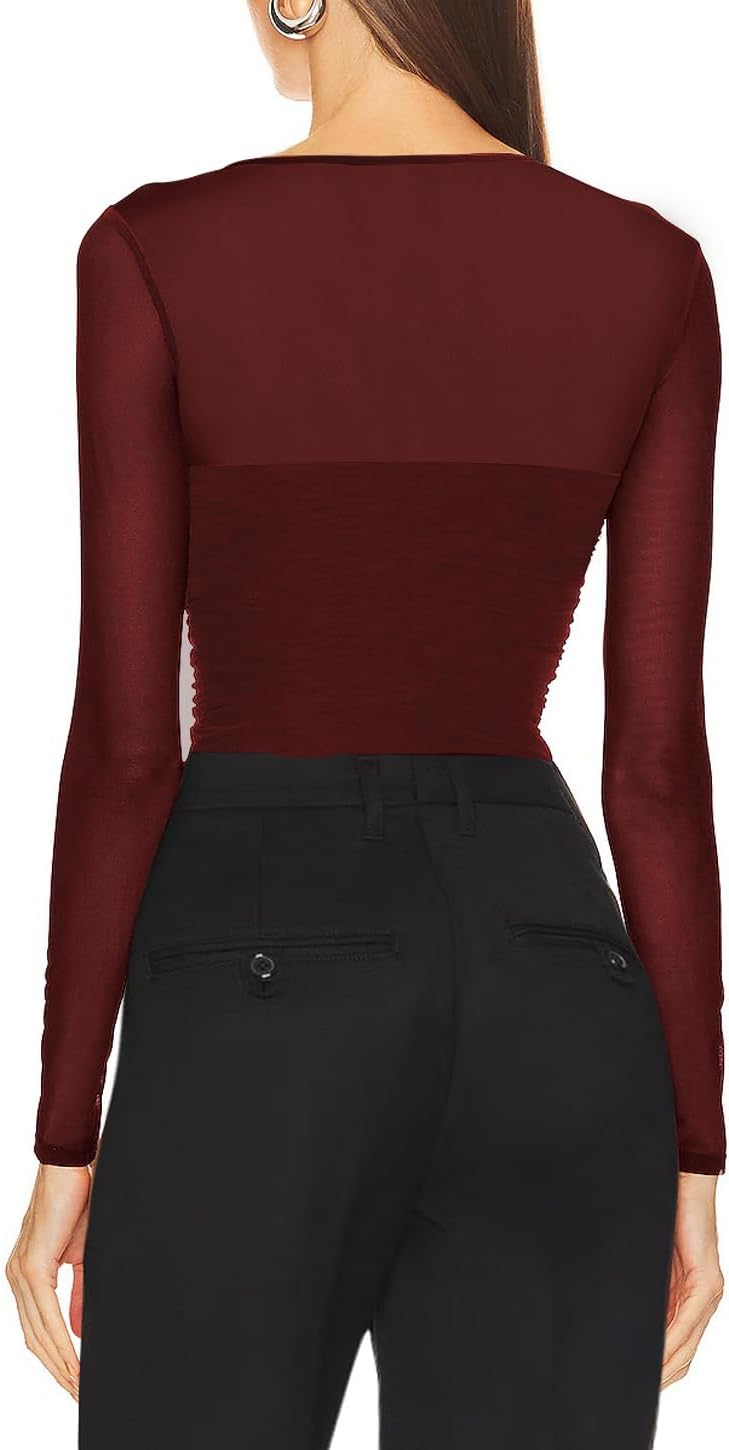 Womens Mesh Sheer Tops Long Sleeve V Neck Sexy See Through Shirts Lace Floral Blouses Y2k Layering Top - Image 3