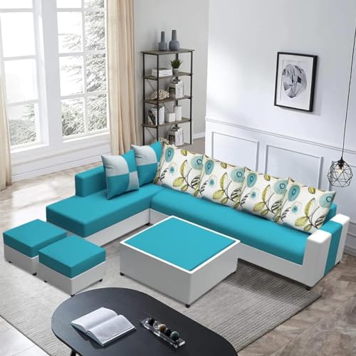 FURNY Erra 8 Seater Fabric LHS L Shape Sofa Set with 1 Centre Table & 2 Puffy (Aqua Blue-Light Grey) FURNY Erra 8 Seater Fabric LHS L Shape Sofa Set with 1 Centre Table & 2 Puffy (Aqua Blue-Light Grey)