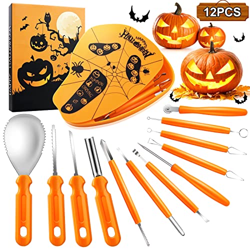 X99 Halloween Kürbis Schnitzset, 12 Stück Edelstahl Kürbis Schnitzwerkzeuge Schnitz-Werkzeug mit Aufbewahrungskiste DIY Halloween Dekoration Professionelle Kürbis Schnitzwerkzeuge Liefert Cover