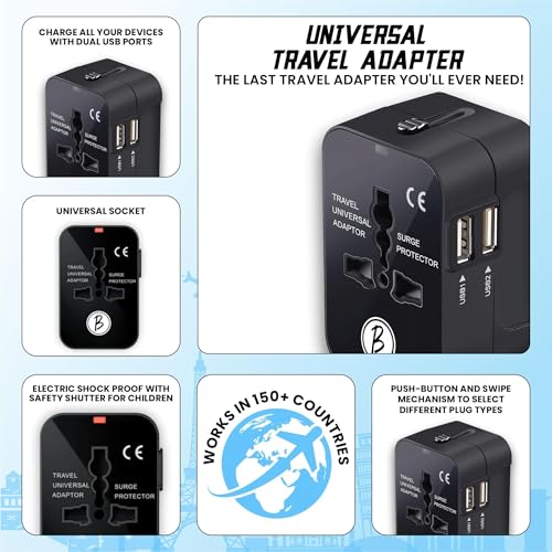 Image of Btag Universal Travel Adapter All-in-One Worldwide Plug Adapter, International with Dual USB Ports (2U - 1A), Multi-Country Power Outlet, Compact Adapter (100-240V)(Black)