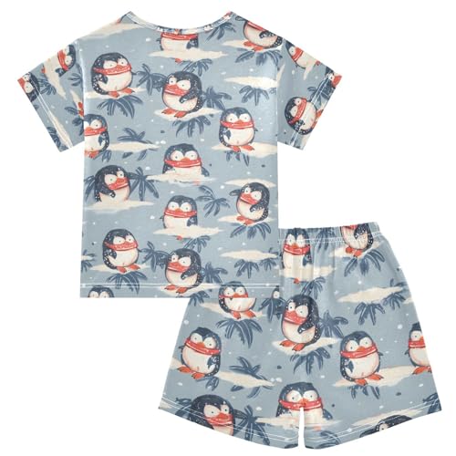 ALAZA Penguin Blue Palm Tree Pajamas Set Short Sleeve Cotton Sleepwear Summer Pjs 2 Piece 5-14Y2