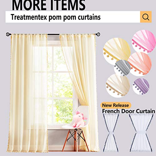 Image of Treatmentex Sheer White Curtains with Black Pom Pom Curtains 84 inch Long Linen Textured Look Decorative Window Drapes Navy 52 inch w 1Pair