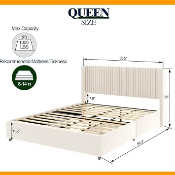Floating Bed Frame with 2 Storage Drawers, Wooden Slat Mattress Support,Queen Size Bed Frame