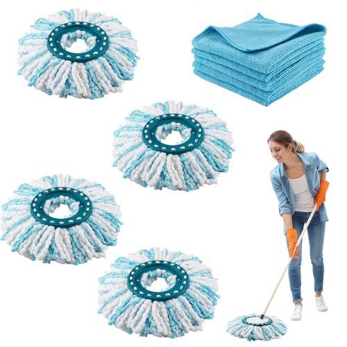 Zosenyer 4 Stück Ersatzkopf für Leifheit Clean Twist Disc Mop, Micro, Micro Duo, Ergo, M Wischmopp Rund, Wischmop Ersatz, 2-Faser-System für Alle Bodenarten Schmutzaufnahme, mit 5er Mikrofasertücher