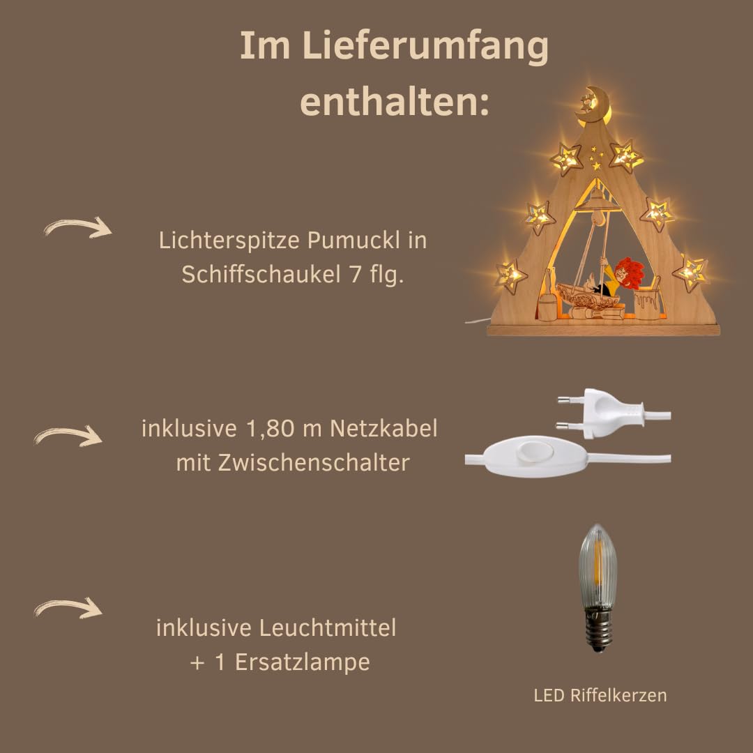 weigla - LED Lichterspitze original Erzgebirge I Motiv Pumuckl in Schiffschaukel I Lichterbogen Weihnachten I 7 Lampenkerzen + 1 Ersatzlampe I 7 x 34 V, 0,2 W, E10 I Weihnachtsdeko innen I aus Holz