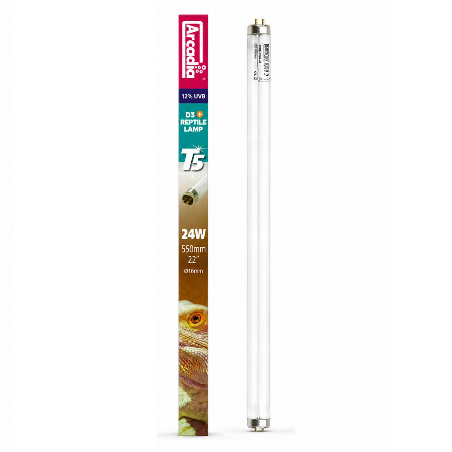 Arcadia D3+ Reptile T5 Lamp 12% UVB, 24W 56cm. High Output Desert UVB Tube, Full Spectrum 6500K Daylight, Flicker Free, 12-Month Lifespan. Replacement Bulb for Arcadia Pro T5 & LumenIZE Kits