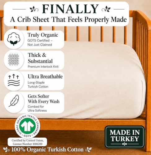 Image of GOTS Organic Pack and Play Sheets Fitted - 1 Pack Mini Crib Sheets Premium Weight Turkish - Cotton 38x26 Neutral Toddler Playard Bedding, Fitted Mini Baby Crib Mattress Cover Boy, Girl