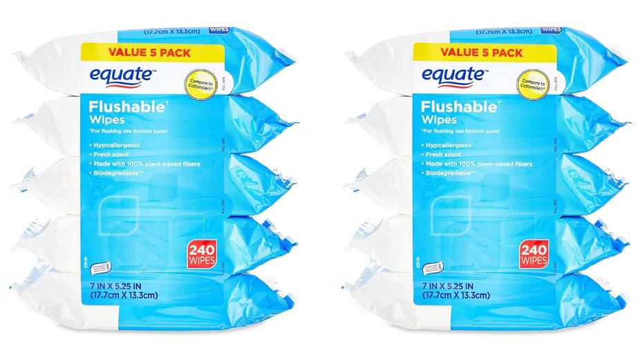 Flushable Wipes, Fresh Scent, 5 packs of 48 wipes, 240 Total Wipes (pack of 2) (2 pack)