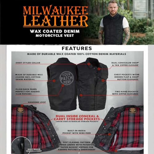 Milwaukee Leather MDM3030 Men’s Black Waxy Coated Denim Club Style Motorcycle Rider Vest w/Shirt Collar - 2X-Large2