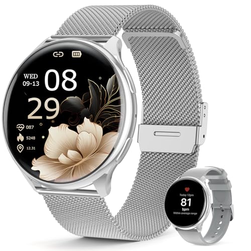 SLOKSFil Smartwatch Damen mit Telefonfunktion 1.39 Smart Watch Rund mit SpO2 24H Pulsuhr Blutdruck Schlafmonitor Fitness Tracker 120+ Sportmodi Schrittzähler für iOS Android (Silber)
