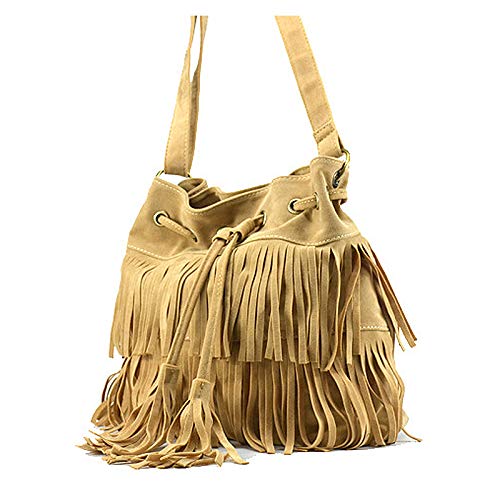 CLARA Women Faux Suede Tassel Fringe Bucket Bag Hippie Shoulder Bag Crossbody Bag3