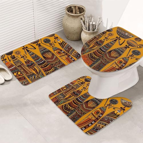 Dwrepo Creative African Culture Print Bathroom Rug Set 3 Piece with Non-Slip U-Shaped Contour Mat and Toilet Lid Cover for Bathroom Decoration
