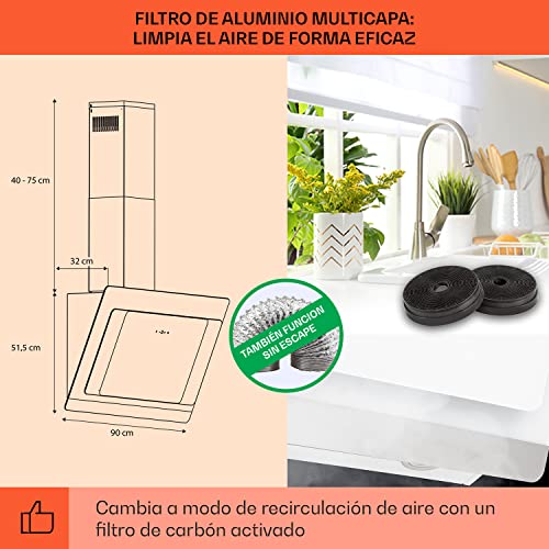 Klarstein-Aurora-Campana-Extractora-90-cm-Extractor-Cocina-con-Ventilador-Campanas-Extractoras-con-Filtro-Carbon-Antigrasa-Flujo-de-Aire-de-563mh-Luces-LED-RGB-Eficiencia-Energetica-Clase-A