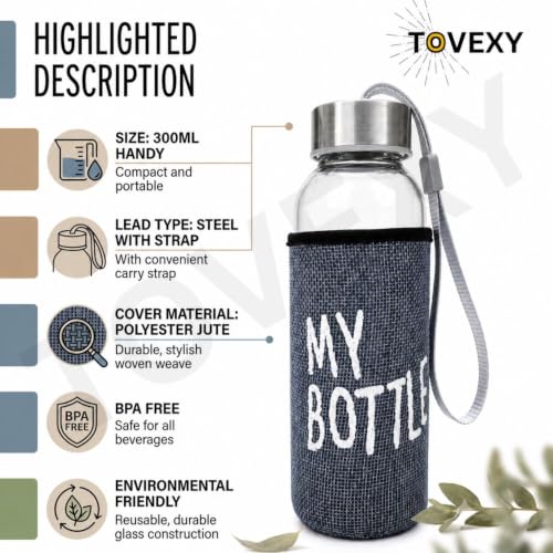 Image of 300ml Glass Water Bottle with Jute Sleeve & Carry Strap | Leakproof Airtight Lid | Reusable Glass Drinking Bottle for Water, Juice, Milk for Office, Gym, Travel & Home (300 ml, 1 count)