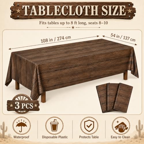 Image of LINHAXM 3 Pack Brown Wood Grain Tablecloths, Western Party Decorations, Vintage Farmhouse Tablecloth, Rustic Plastic Table Covers for Rodeo Western Barn Birthday Wedding Party Decor, 54 x 108 Inch