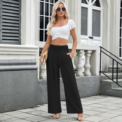 Findsweet Crinkle Palazzo Pants – High-Waisted Wide-Leg (Black) — view 3