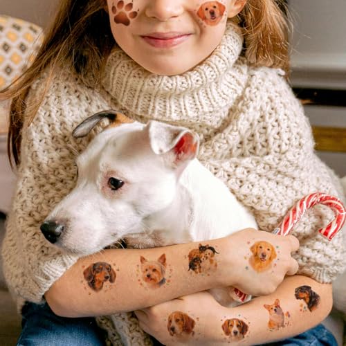 CHARLENT Glitzernde Temporäre Hunde Tattoos für Kinder– 74 einzelne Blätter | Wasserfest und Leicht Abziehbar | Perfekt für Kindergeburtstage, Hundeliebhaber, als Belohnung in der Schule