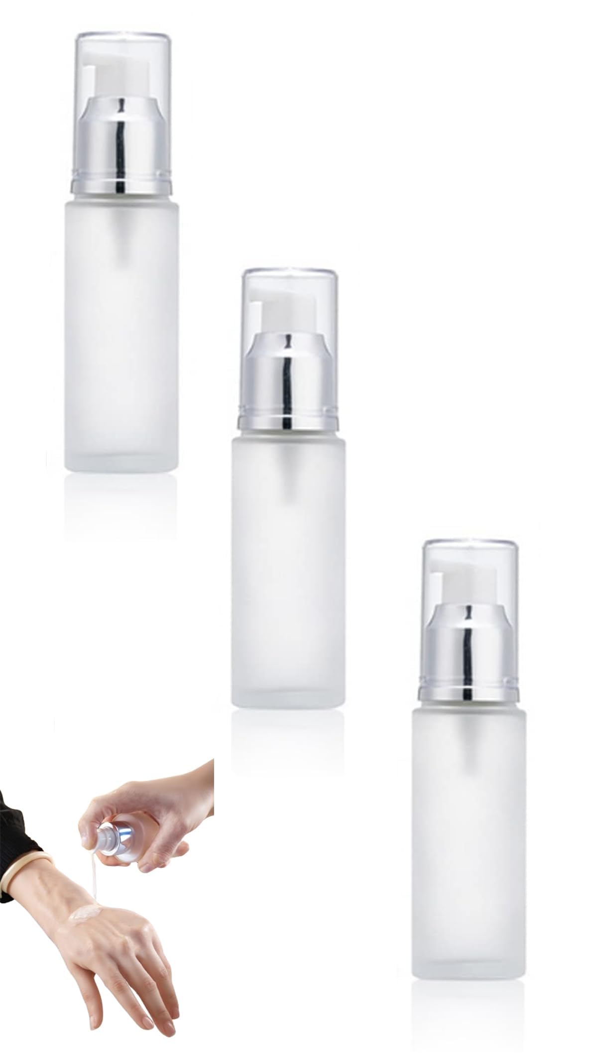 3PCS 30ml/1oz Refillable Frosted Glass Cosmetic Bottles | Travel Toiletries Pump Dispenser | Clear Vials for Cream, Foundation, Emulsion, Essential Oil