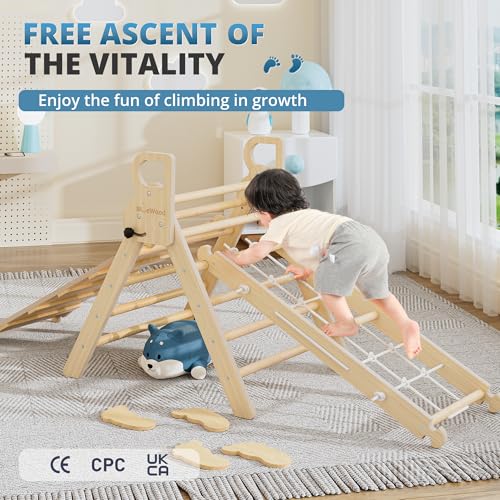 Image of BlueWood 10-in-1 Pikler Triangle Set, Toddler Climbing Toys Indoor, Montessori Climber, Baby Jungle Gyms with Arch, Extra Rope Ladder & Footprint Balance Beam - Natural Rustic