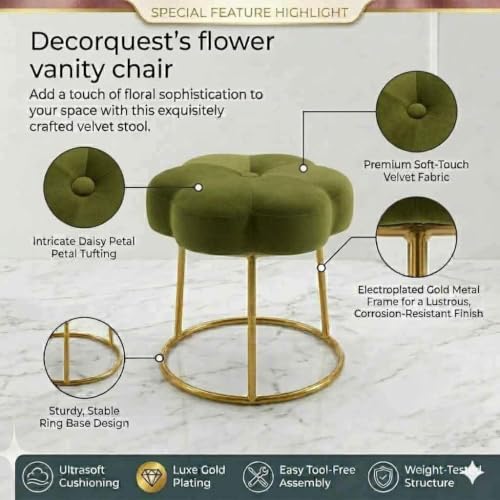 Image of Flower Ottoman Foot Stool for Bedroom and Living Room, Round Makeup Vanity Chair with Metal Legs and Soft Padded Seat-Olive Green