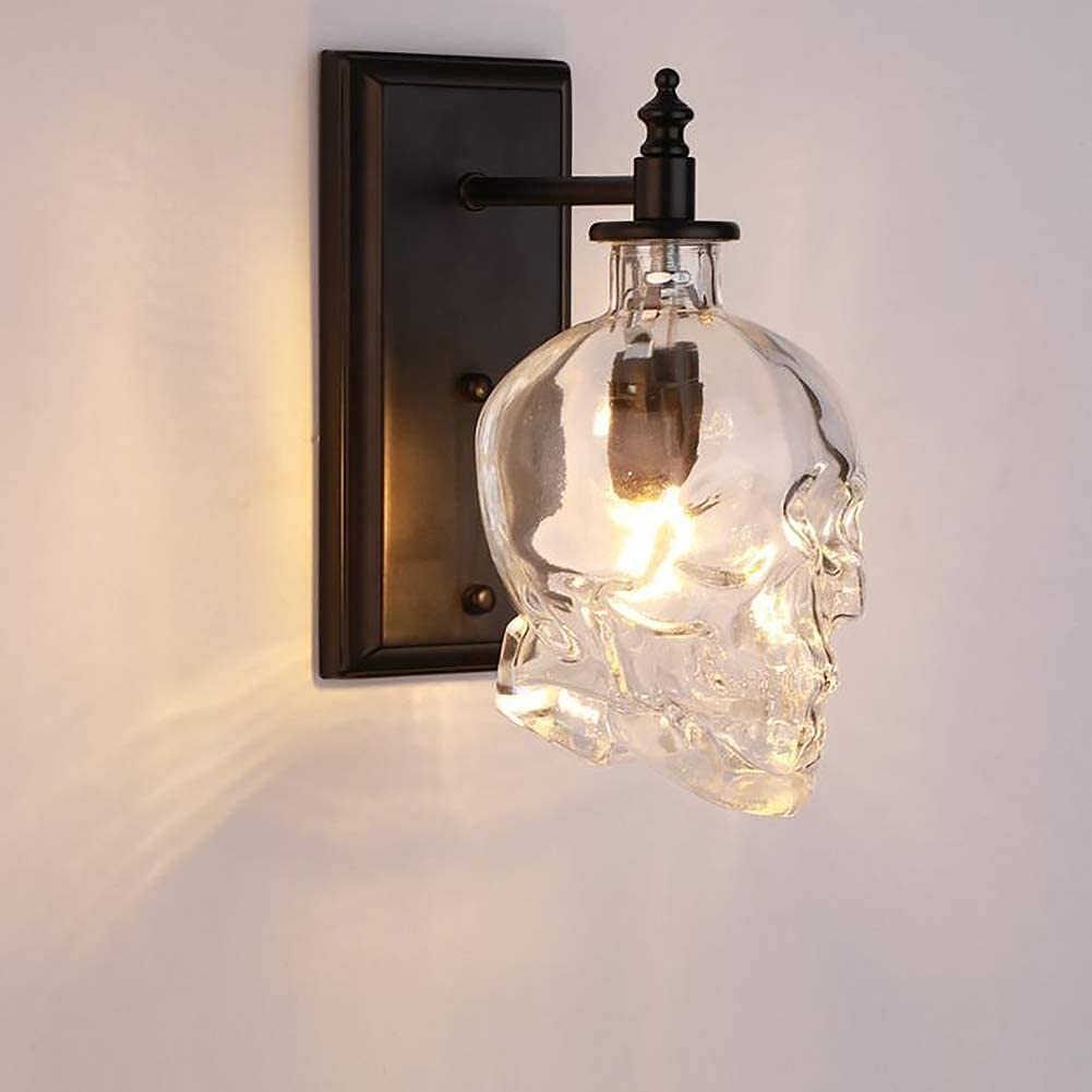 Lámpara de pared industrial Diseño de calavera de cristal Lámpara de pared de hierro forjado retro creativa Dormitorio Sala de estar para bar Restaurante Deco Pasillo Pasillo Escaleras Luz de pared