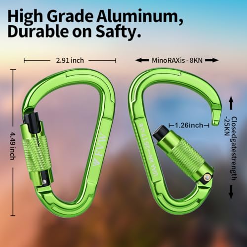 FVW Auto Locking Rock Climbing Carabiner Clips,UIAA Certified Professional 25KN (5620 lbs) Heavy Duty Caribeaners for Rappelling Swing Rescue & Gym etc, Large Carabiners, D-Shaped (Green), 10Pack - Thumbnail 3