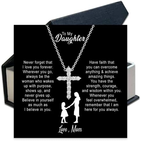 Necklace Gift from Dad Mom, Stainless Steel Cross/Heart/Love Knot Pendant with Engraved Message Card, Birthday Christmas Jewelry Gifts for Daughter