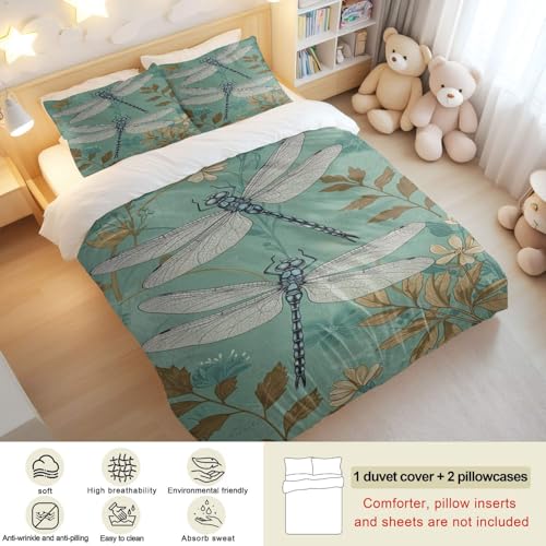 Housse de couette imprimée libellule dorée lit simple bleu sarcelle - 5