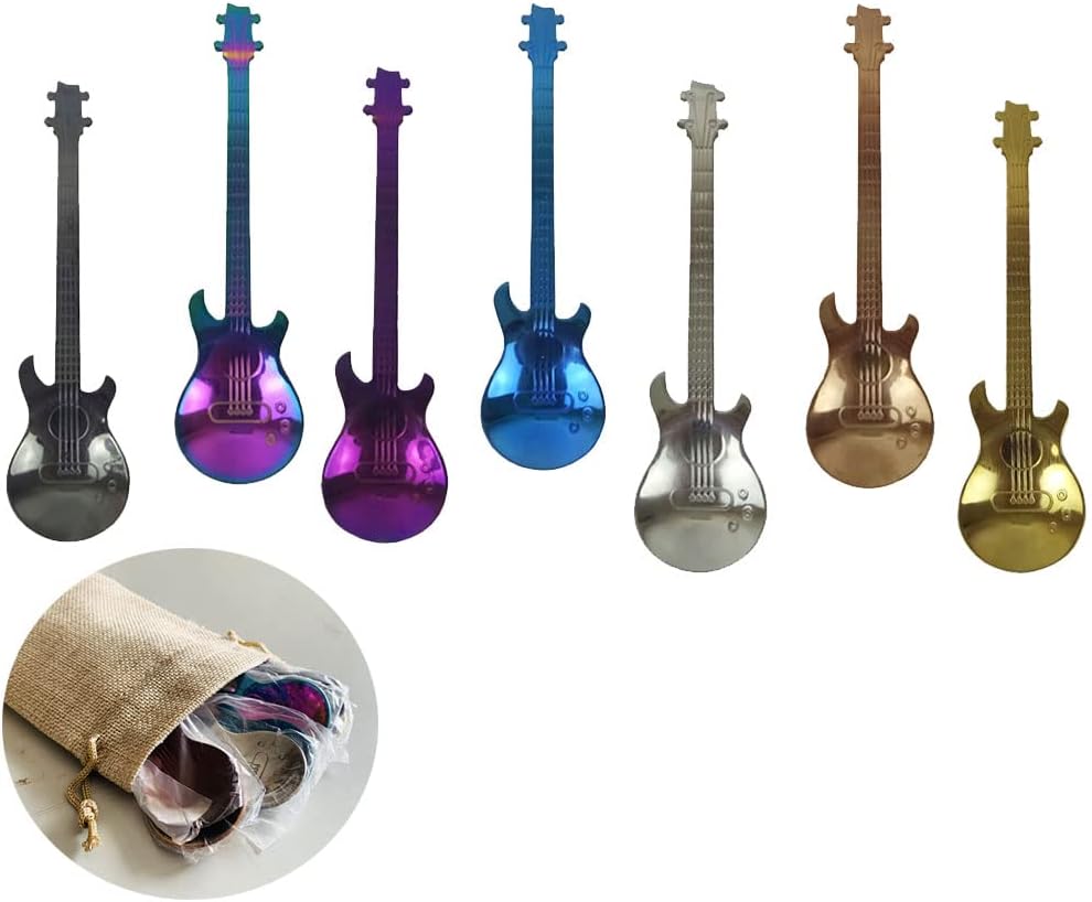 Bousg7PCS Guitar Musical Instrument Coffee Spoon Stainless Steel Colorful Guitar Spoons Milkshake Spoons Set for Tea Dessert Drink Music Bar Spoon Tableware for Music Guitar Lover
