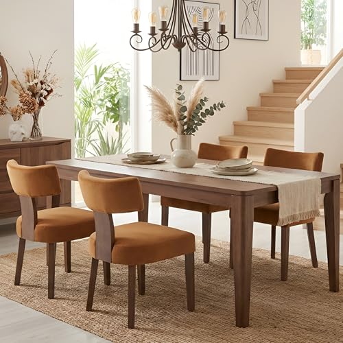HNY Mid Century Modern Dining Chairs, Velvet Fabric Farmhouse Upholstered and Curved Backrest Kitchen Accent Chairs Set of 6, with Hardwood Frame, Burnt Caramel