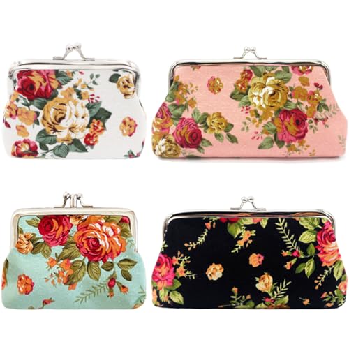4 Pcs Canvas Floral Coin Purses Women Girl Gift Bag with Clasp Kiss Lock Clasp Change Pouch Mini Flower Coin Wallet Vintage Trinkets Pouch