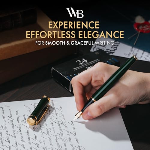 Image of Wordsworth & Black Luxury Fountain Pen Set for Writing, Medium Nib, Green | Gift for Men & Women, Brass Body, 18K German Iridium, Calligraphy, Converter + 24 Ink Cartridges, Refillable, Leak-Free
