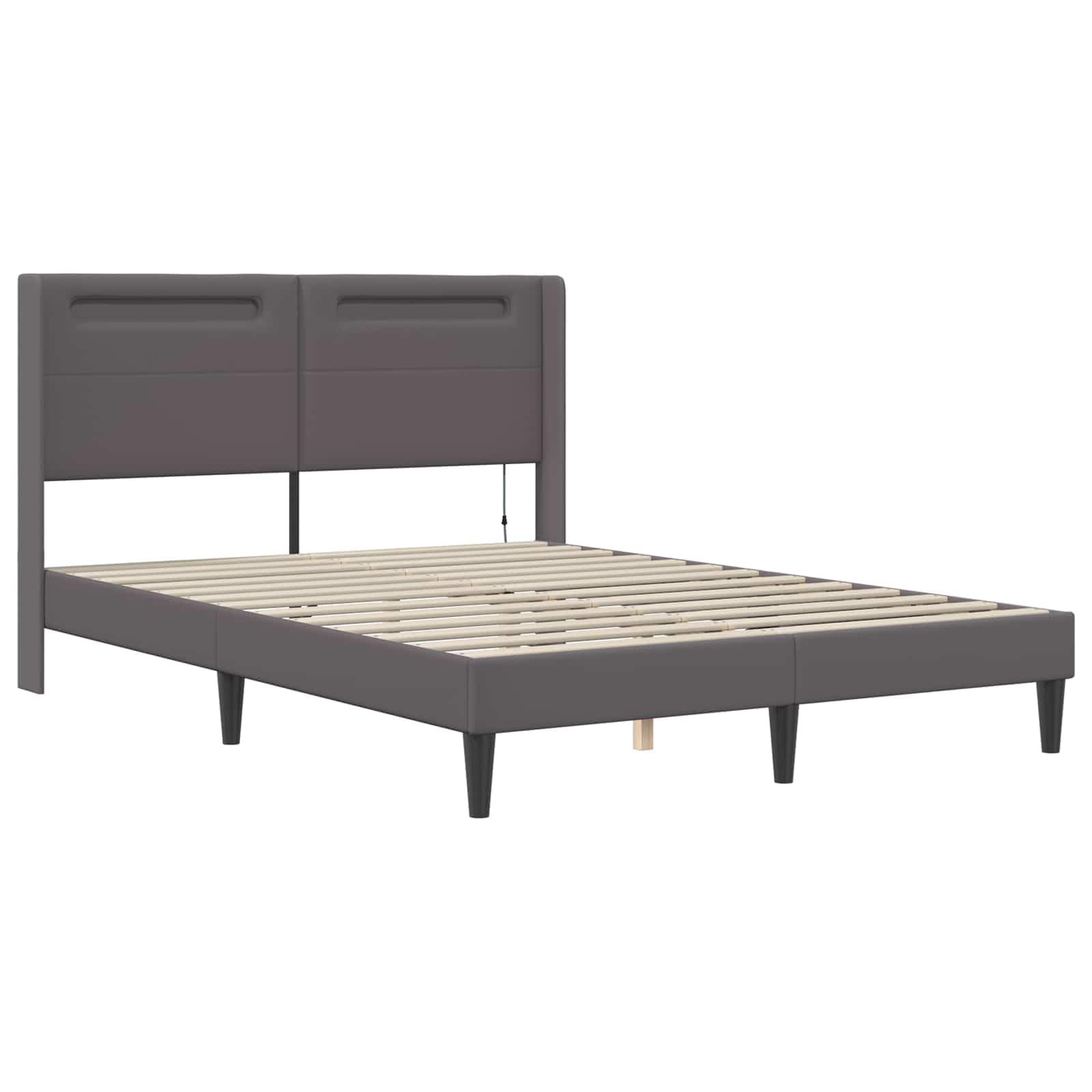 Rama łóżka z materacem, szara, 140 x 200 cm, sztuczna skóra, rdzeń ze sprężyn kieszeniowych, z zimnej pianki, stelaż z paskami LED i USB do ładowania, komfort spania do sypialni