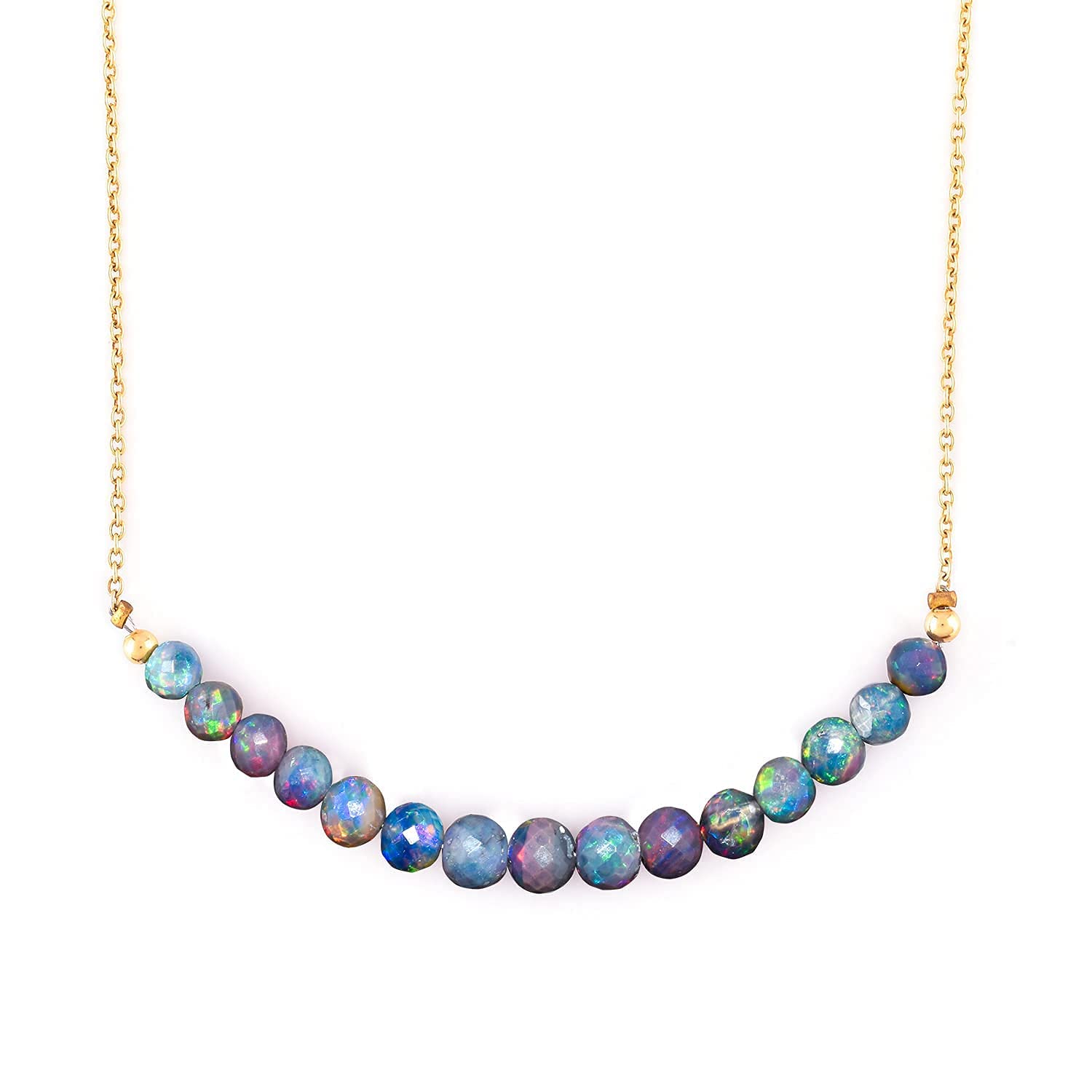 QNAVICUltra Fire Black Opal Faceted Round Beaded Dainty Bar Necklace, Natural Gemstone Healing Crystals Birthstone Jewelry, 14k Gold Plated Sterling Silver Chain 18 Mother's Day Gift for Women