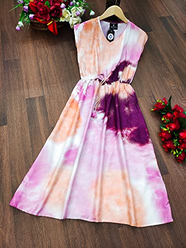 Image of Leriya Fashion Women's Tai-Dye Printed Mesh Rayon Lycra High V-Collar Neck Long Kurti Dresses for Women, A-Line Knee-Length Dress, Midi Western Dress for Women, Short Dress