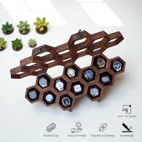 Image of Vintage Wooden Watch Box for Men, Timepiece Display Case, Honeycomb Watch Storage & Organizer, Jewlery Box for Women, Anniversary Gift For Husband (12 Compartments)