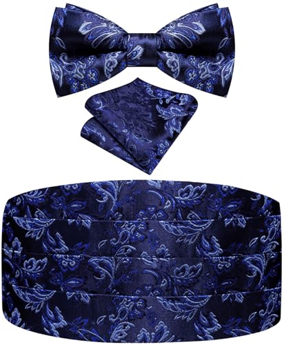 Image of Paisley Floral Tuxedo Cummerbund Bow Tie Pocket Square Set for Men