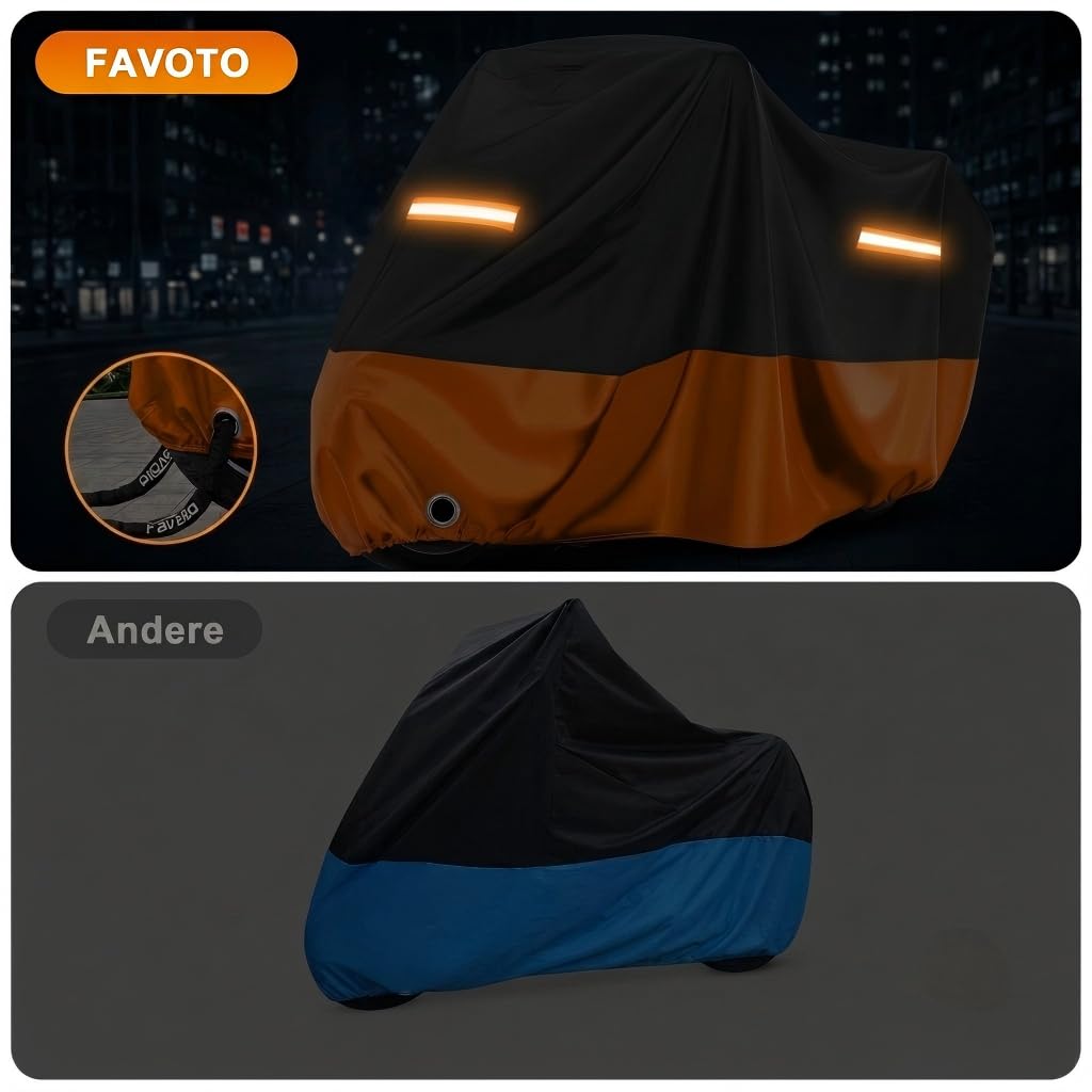 Favoto Funda para Moto y Scooter - Cubierta Impermeable y Anti-UV con Orificio para Candado, Lona de Protección Exterior e Interior, Negro y Naranja, 245x105x125cm
