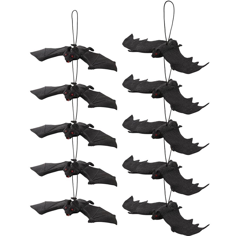 Tossper Black 10Pcs Halloween Hanging Bats Fake Rubber Bats Realistic Spooky Hanging Toy For Halloween Decoration Party Supplies