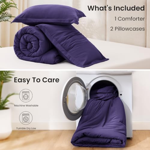 Image of Love's cabin Purple Full Comforter Set, 3-Piece Prewashed Bed Set with 1 Comforter (79 x 90 in) & 2 Pillowcases, Lightweight & Breathable for All Seasons