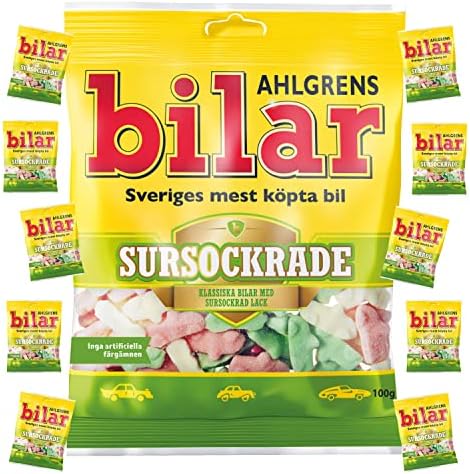 10 Bags x 100g of Ahlgrens Bilar Sour - Swedish Candy - Cars Marshmallow - Sursockrade - Sour Candy
