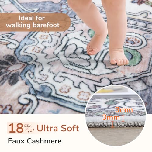 OPPODREAM Soft Area Rugs 3x5, Washable Rugs with Non Slip Backing, Low-Pile Throw 3x5 Carpet, Faux Cashmere 3 x 5 Carpet, Purple & Green & Cream
