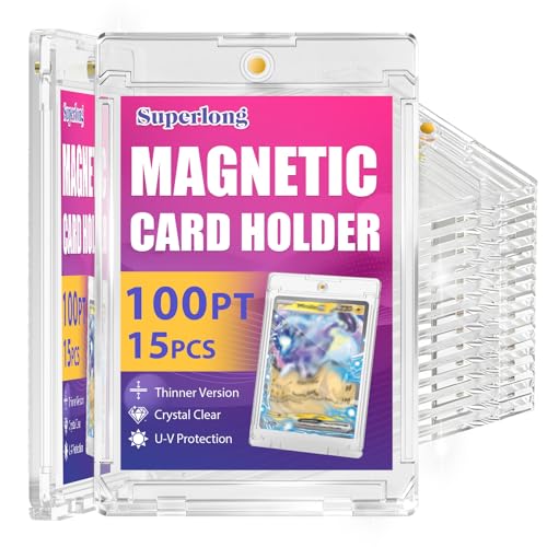 Superlong 100PT Magnetic Card Holder 15ct Upgraded One Touch Holders with U-V Protection Hard Plastic Display Case with 2 Magnets Fit for Thick Sport Game Trading Baseball Cards Collect Storage