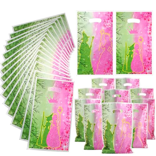 RCRAJE 50PCS Witch Birthday Gift Bags Pink Crown Party Favor Bag Candy Treat Bag Pink and Green Evil Spirit Party Decorations Plastic Goodie Bags with Handles for Woman Lady Holiday Event